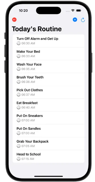 Parent app, today's routine list on smartphone
