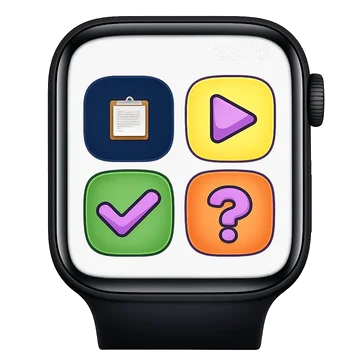 Frienddy watch home screen showing four tiles: routine, play, done, and help